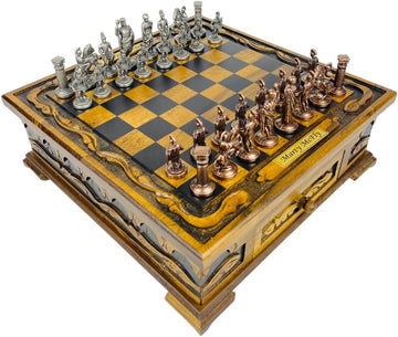 Handcrafted Roman Empire Themed Chess Set with Storage Drawer- 14 inch Customizable Wooden Chessboard- Cast Metal