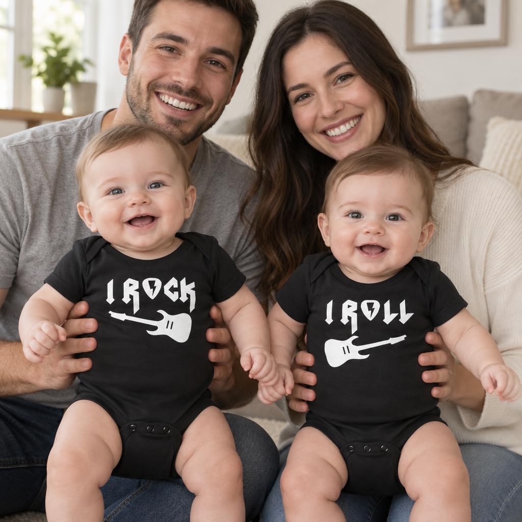 I Rock and I Roll Twin Set Two Infant Bodysuit Set, Black, 12m