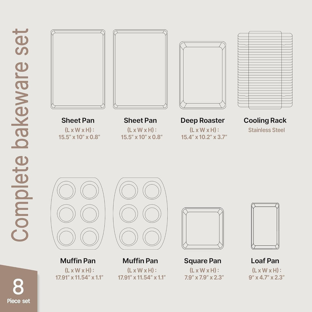 Deluxe 8-Piece Carbon Steel Bakeware Set - Nonstick White Marble Coating, Silicone Handles - Professional Quality