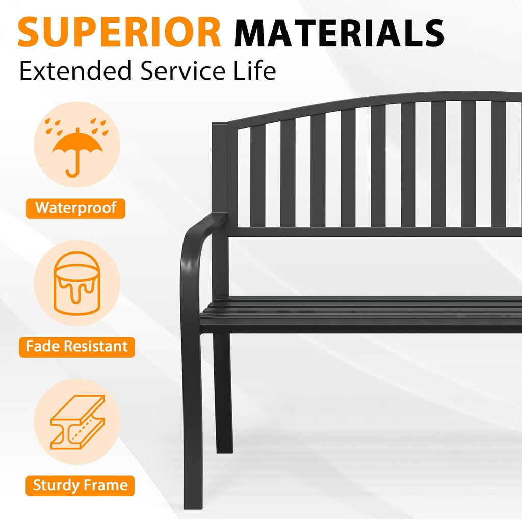 Outdoor Bench Garden Bench, 50" Anti-Rust Patio Bench Clearance, Iron Metal Frame Outdoor Benches Weatherproof for
