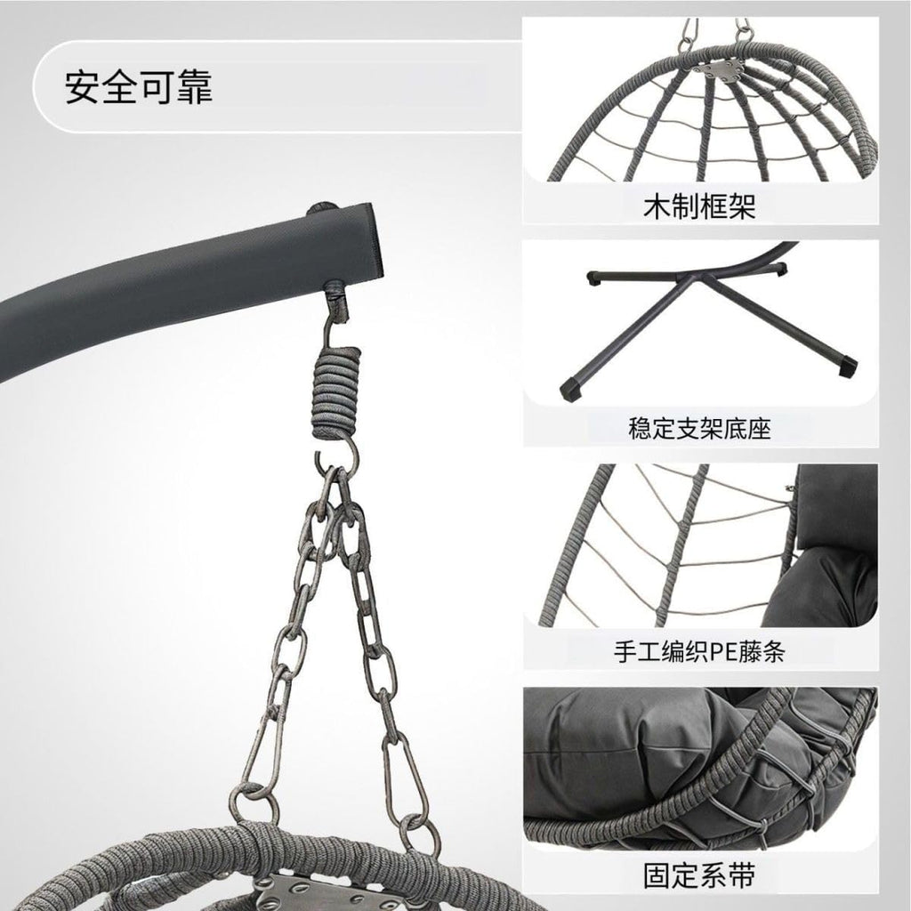 Hanging Egg Chair with Stand, Outdoor Rattan Swinging Egg Chair, Dark Grey, for Porch, Living Room, Poolside and