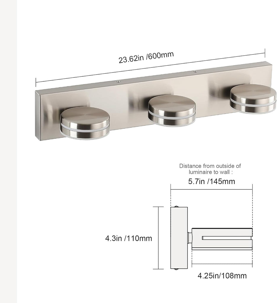 Brushed Nickel Bathroom Vanity Light, (24in Dimmable) 3-Light Bathroom Light Fixtures Over Mirror, LED 5500K Vanity