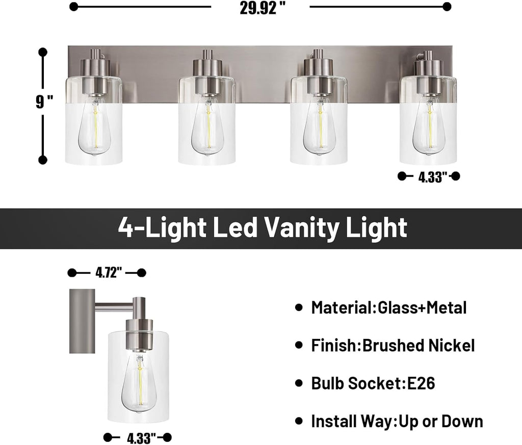 4-Light Bathroom Vanity Light Fixtures, Modern Bathroom Light Fixture with Clear Glass Brushed Nickel Finish Vanity
