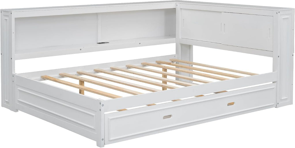 Full Size Corner Daybed with Trundle and Storage, White | L-Shaped Corner Bed with Bookcase, LED Lights & USB Ports