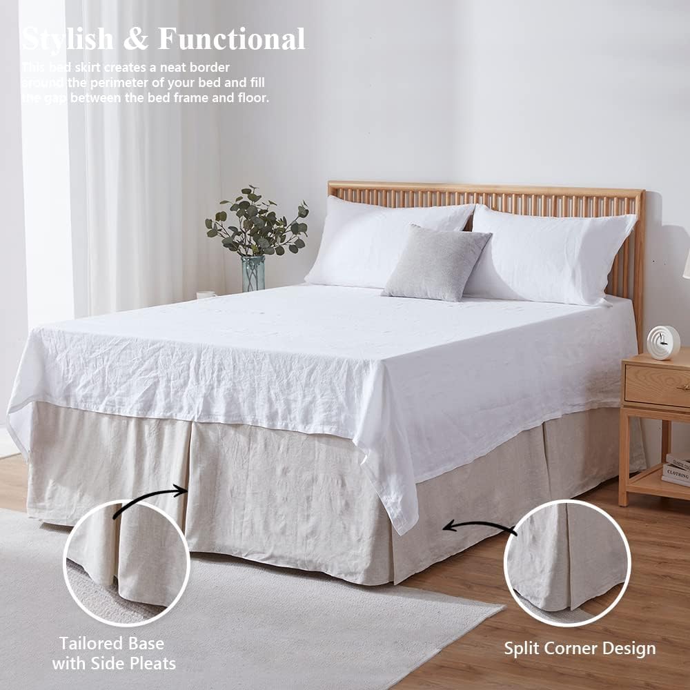 Belgian Linen Bed Skirt with Classic 14 inch Tailored Drop Dust Ruffle, Easy Fit Breathable Premium Natural Flax