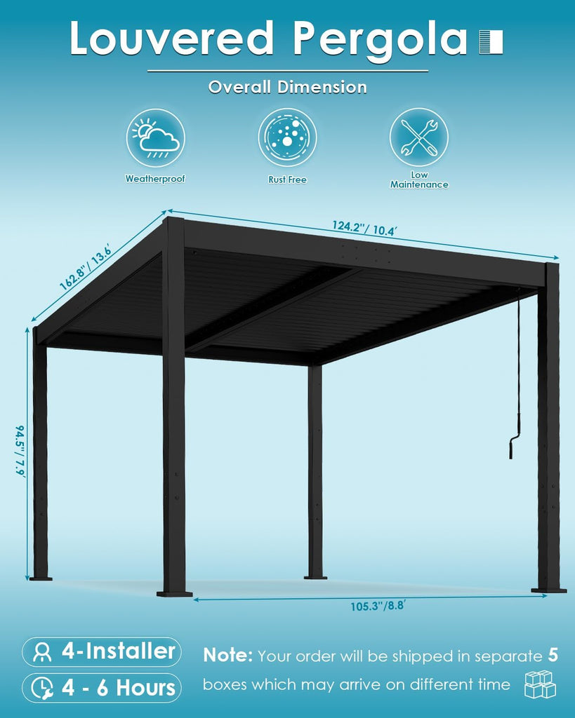 Louvered-Pergola | 10’ x 13’ | Patio Pergolas with Adjustable Roof | Hidden Drainage System | Outdoor