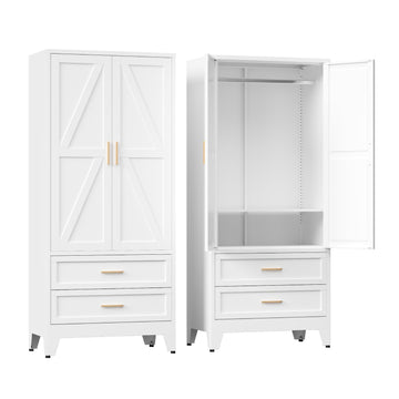 Armoire Wardrobe Closet with Drawers & Hanging Rod, 71'' Metal Wardrobe Closet with Doors & Adjustable Shelf