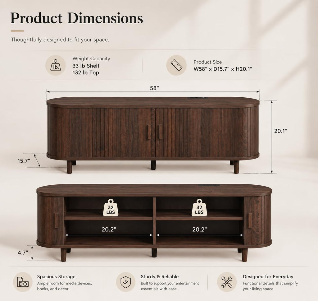58" Mid-Century Modern TV Stand with Sliding Doors, TV Consoles with Power Outlet, Fluted Entertainment Center with Adjustable Shelves for Living Room