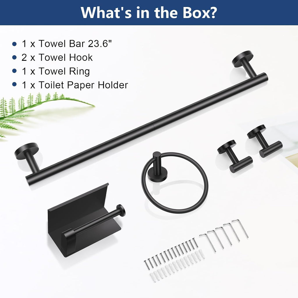 Bathroom Hardware Set Black, 5 Piece Bathroom Towel Bar Holder Sets | SUS304 Stainless Steel, 23.6" Toilet Paper