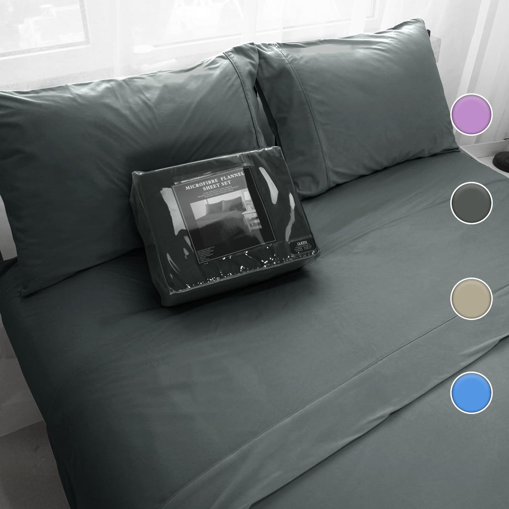 Deep Pocket Queen Sheets, 4PC Microfiber Queen Flannel Sheet Set, 16" Deep-Pocket Bedding Sets Queen