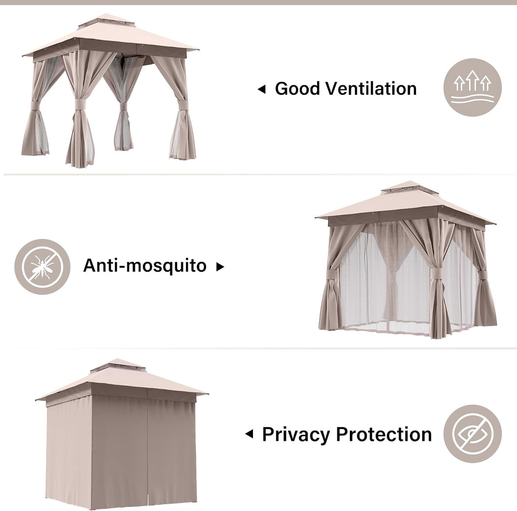 Patio Gazebo 8'x8', Outdoor Heavy Duty Party Tent Shelter with Double Roofs, Mosquito Nettings and Privacy Screens Khaki