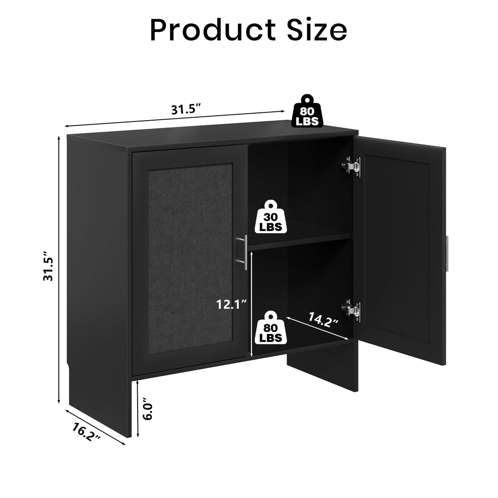 Buffet Storage Cabinet, Farmhouse Sideboard with Black Rattan Doors & Adjustable Shelf, 31.5" Narrow Coffee Bar