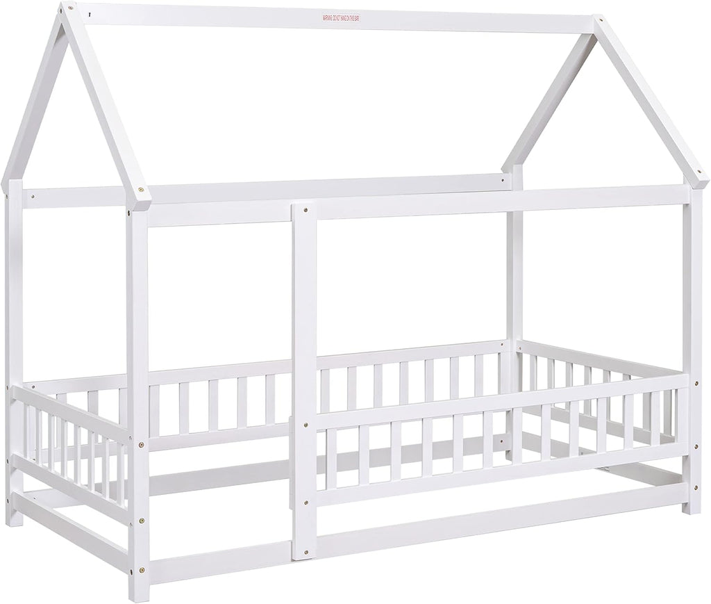 Twin Size House Floor Bed,Wooden Montessori Bed with Fence and Roof for Kids,Twin Bed Frame for Boys,Girls(Twin,White)
