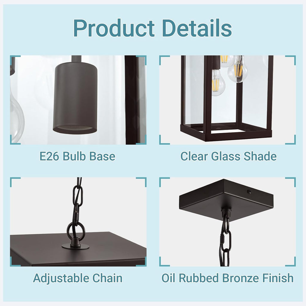 16'' Large Outdoor Pendant Light 3-Lights Oil Rubbed Bronze Outdoor Chandelier Exterior Hanging Porch Light Fixtures