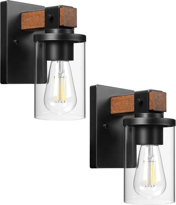 1-Light Wall Sconces Set of 2, Farmhouse Bathroom Vanity Light Fixtures, Wood Grain Black Wall Mount Light with Clear