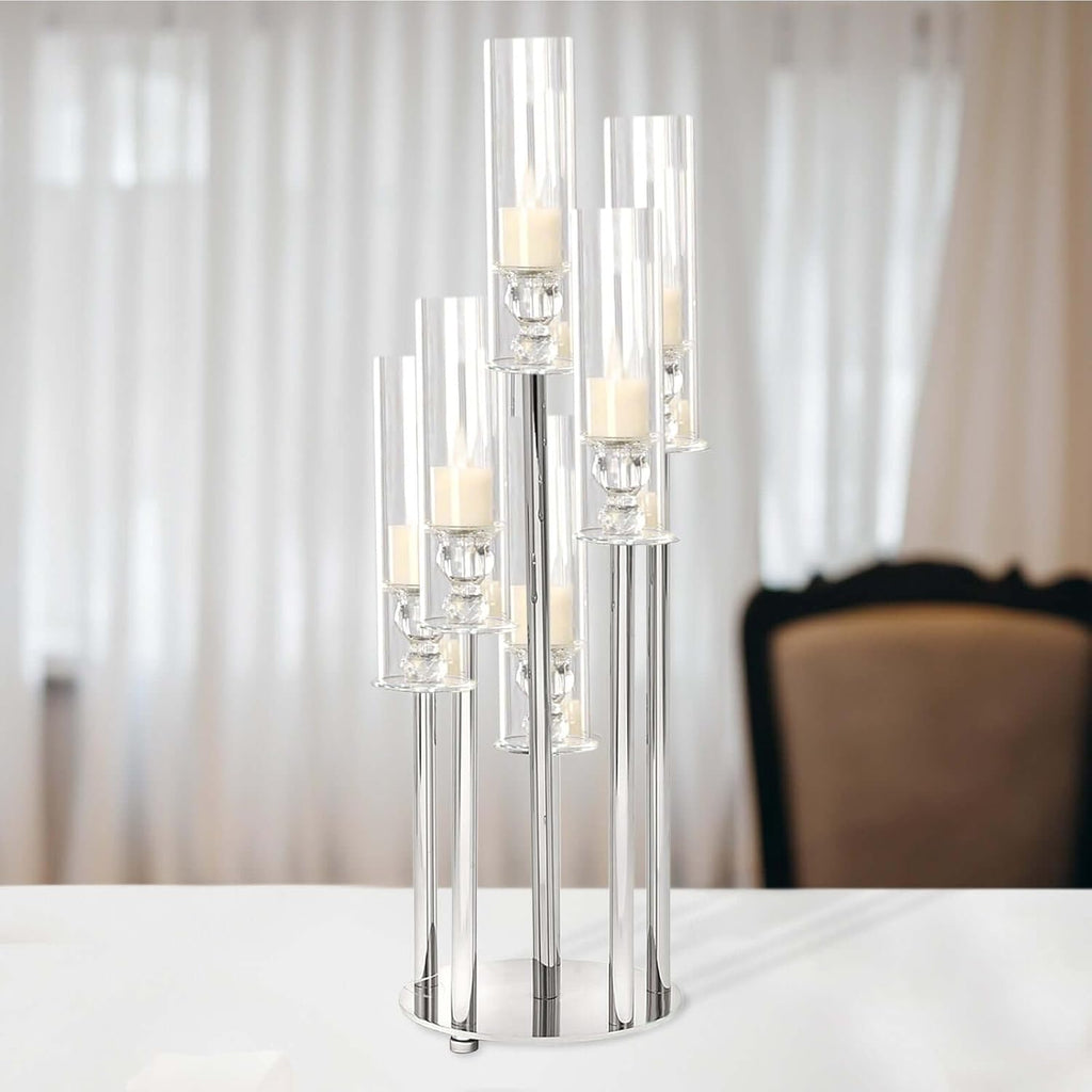 33" Tall - 7 Arms Clear Crystal Cluster Round Candelabra, Pillar Candle Holders with Mirror Base - Perfect