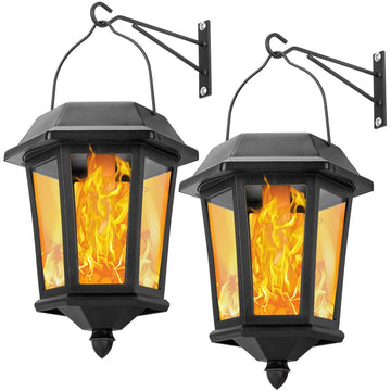 Solar Lanterns Outdoor Waterproof, Hanging Solar Lights with Glass Shade - 2 Pack LED Metal Wall Mount Outdoor Light