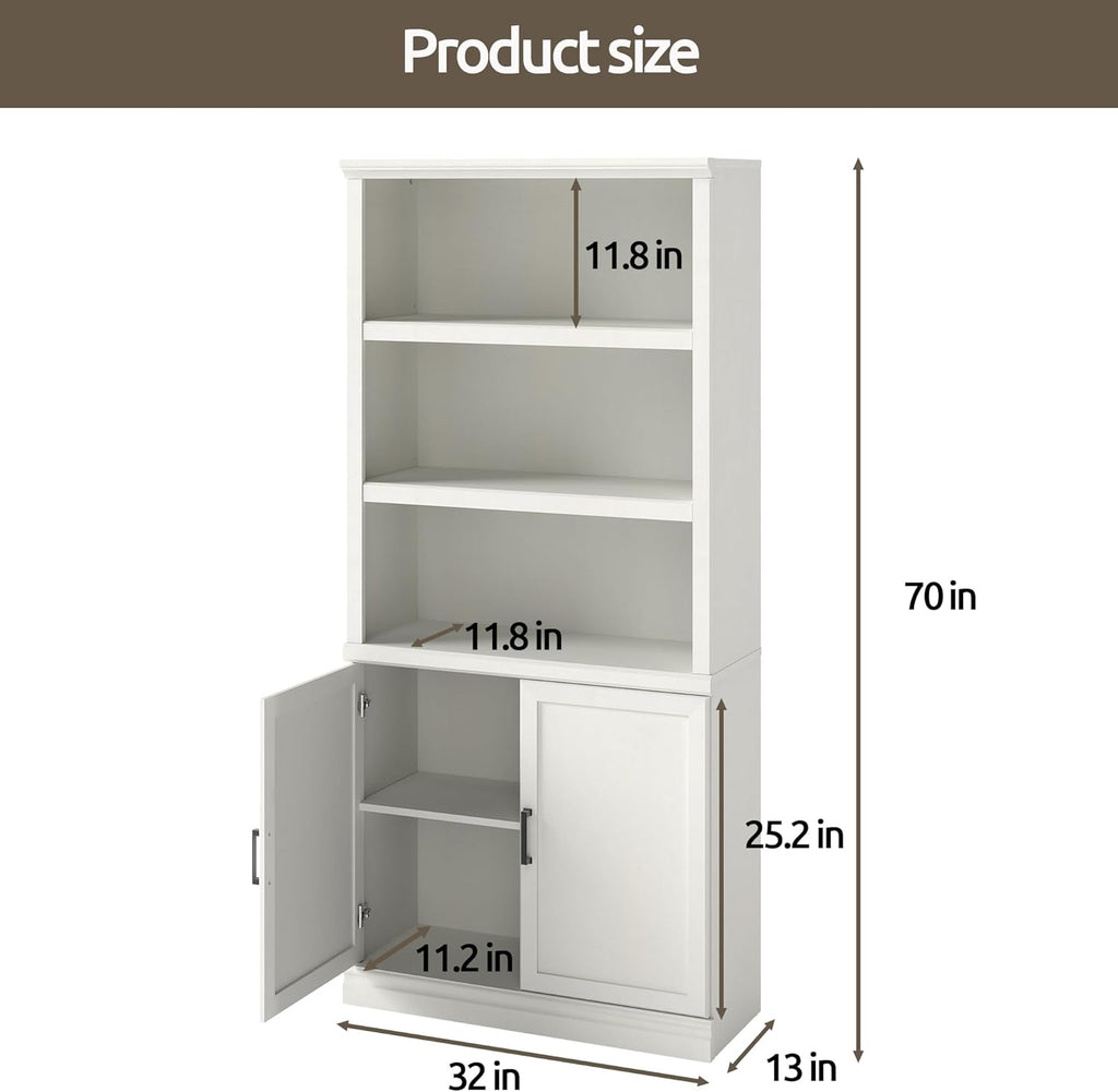 70 Inch Tall Bookcase with Doors, Library Office Bookshelf with Adjustable Shelves