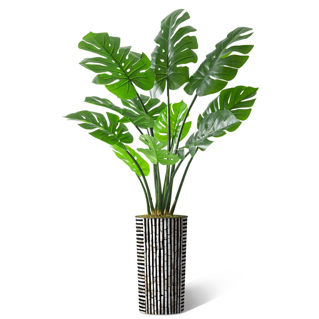 Artificial Tree in Black and Brown Striped Planter, Fake Monstera Silk Tree for Indoor and Outdoor Home Decoration