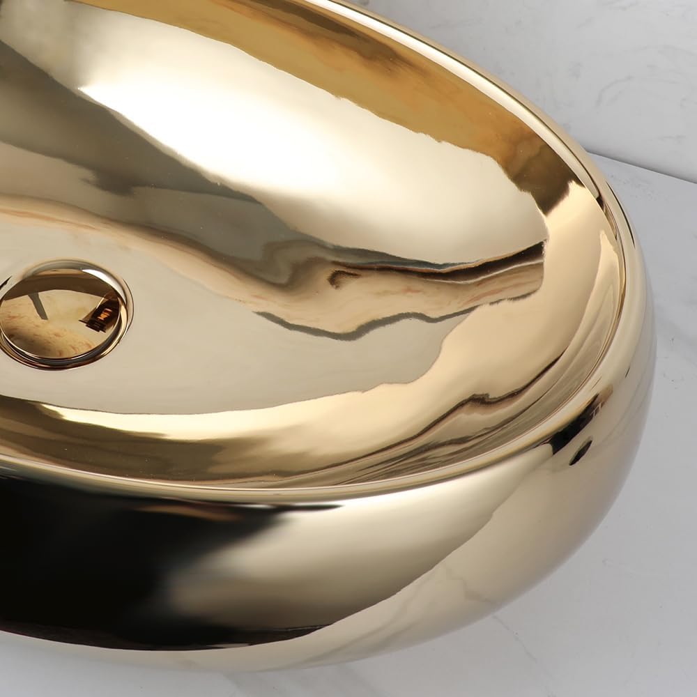 23 Inch Bathroom Vessel Sink with Waterfall Faucet and Pop-Up Drain Combo,Gold Ceramic Sink Bowl Modern Vessel Sink