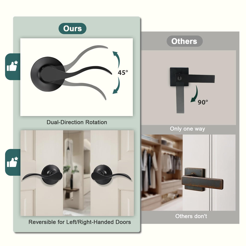 6 Pack Passage Lever Door Handle Matte Black, Stainless Steel Closet Door Handles Keyless Reversible Door Levers