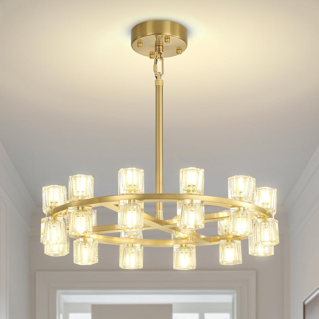 Inspired Arcachon Style Round Wagon Wheel Chandelier, 24" 24-Light Gold — Foyer, Dining & Living Room