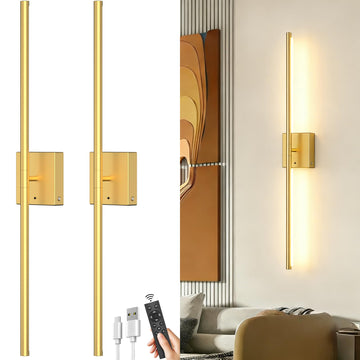 Battery Powered Wall Sconce Set of Two: Gold Wireless Rechargeable Wall Lights with Touch and Remote Control
