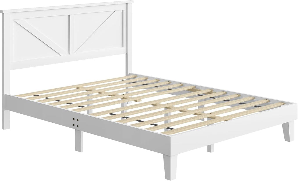 Full Bed Frame Wood Bed Platform with Headboard Solid Slat Support No Box Spring Needed Noise-Free Easy Assembly