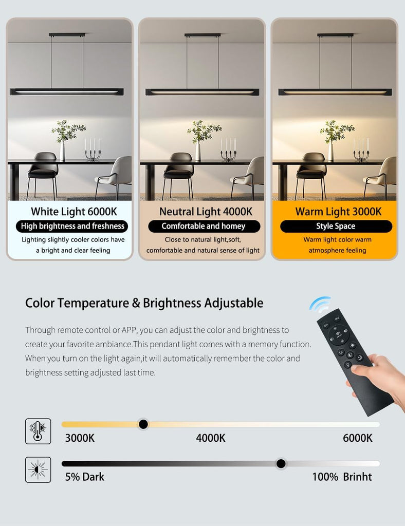 Glass Modern Black Linear Pendant Light - LED Hanging Kitchen Island Lights, Adjustable Dimmable Ceiling Fixtures