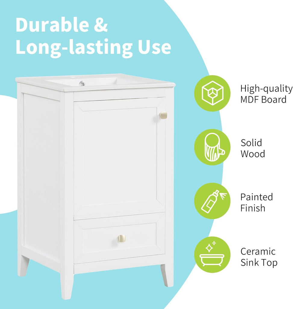 20-inch Solid Wood Bathroom Vanity with Sink, Free Standing Cabinet, Soft Closing Door, Storage Rack