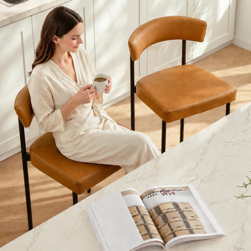 Brown Modern Bar Stools Set of 2, 24 Inch Faux Leather Counter Stools with Curved Backrest, Counter Height Bar Stool