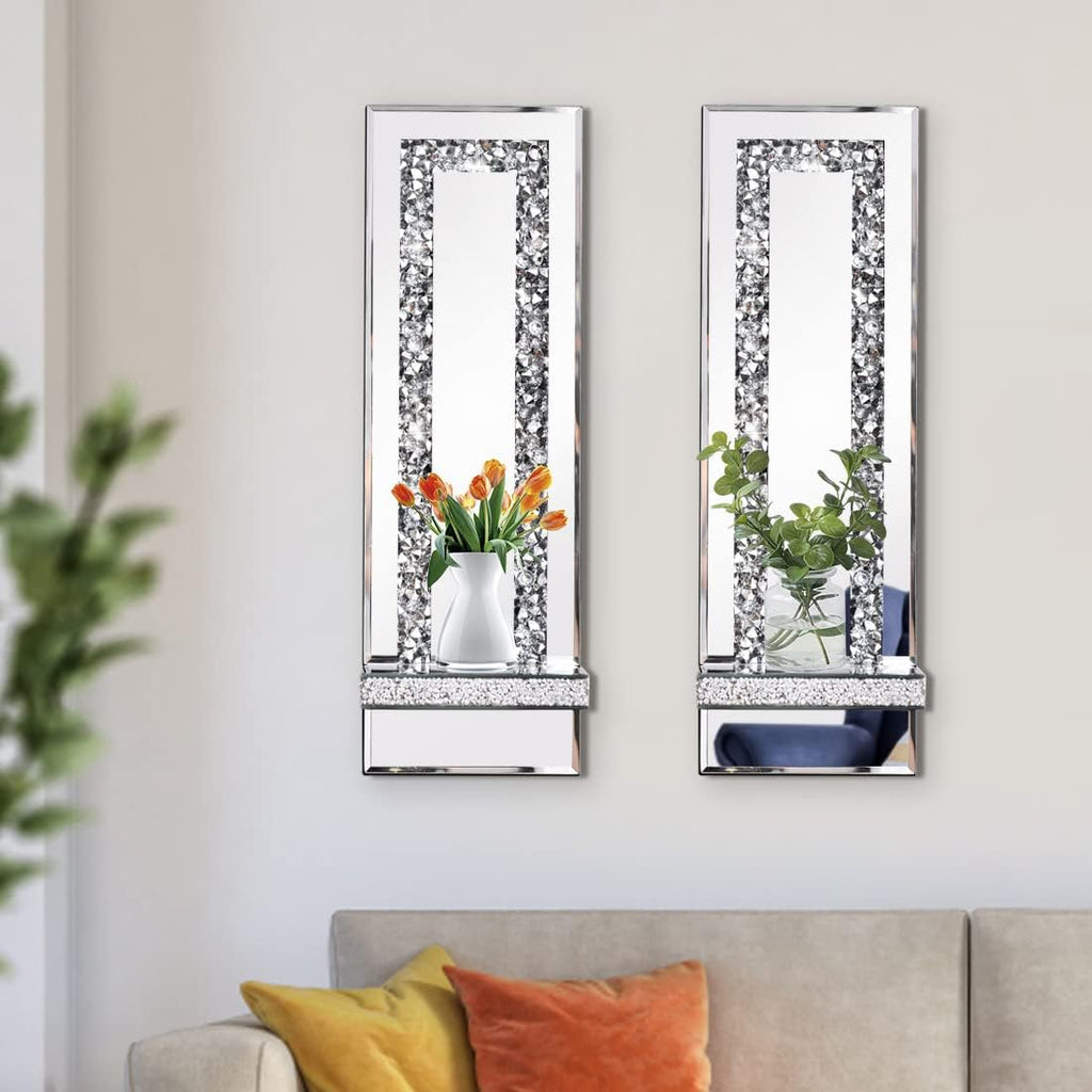 Crystal Crush Diamond Mirrored Candle Sconces, Silver Wall Candle Holder Set of 2, Wall Decorations (Rectangle Stripe