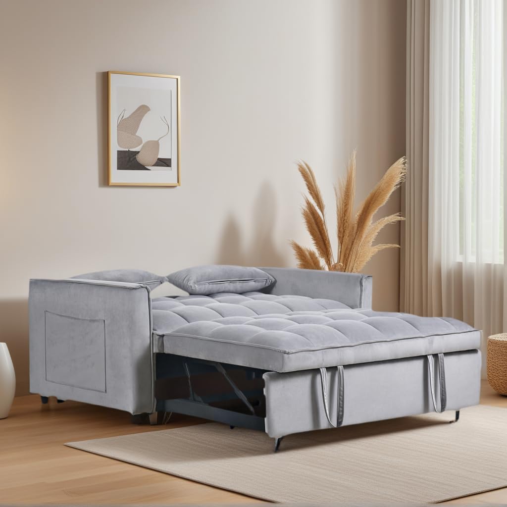 53" Sleeper Sofa, 3-in-1 Convertible Pull Out Couch, Velvet Loveseat with Adjustable Backrest, Side Pockets & 2