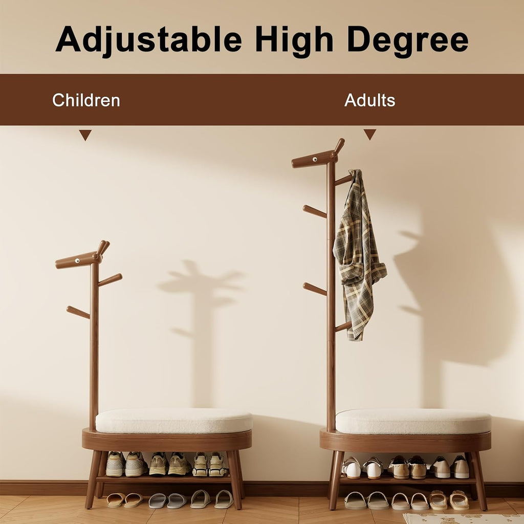 Shoe Rack with Coat Rack, Wooden Shoe Bench with Upholstered Cushion, 3-in-1, 2-Tier Shoe Storage and Cute Animal