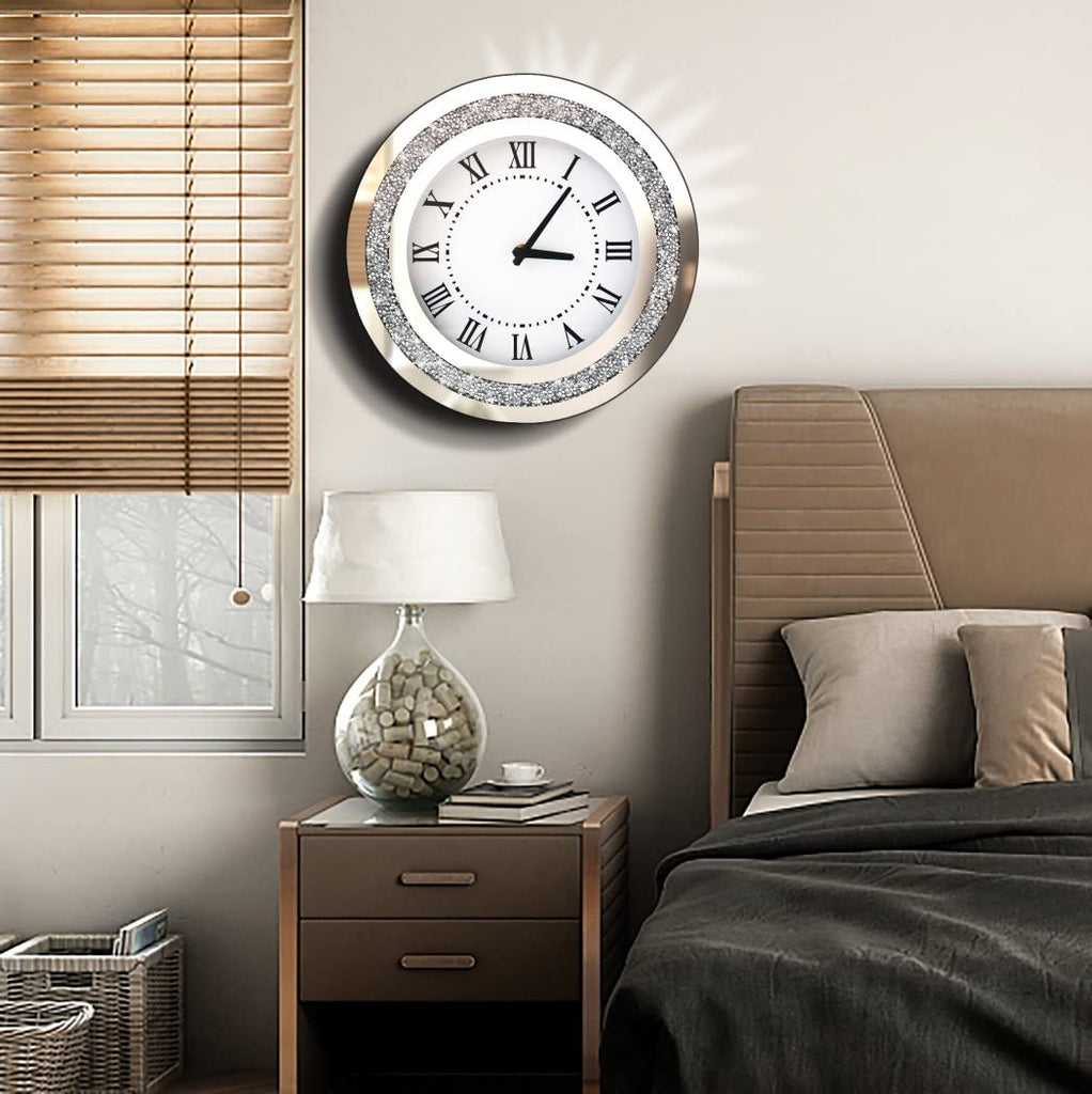 Silver Round Mirror Clock 12inch Crystal Sparkle Twinkle Bling Crush Diamond Mirrored Wall Clock for Wall Decoration