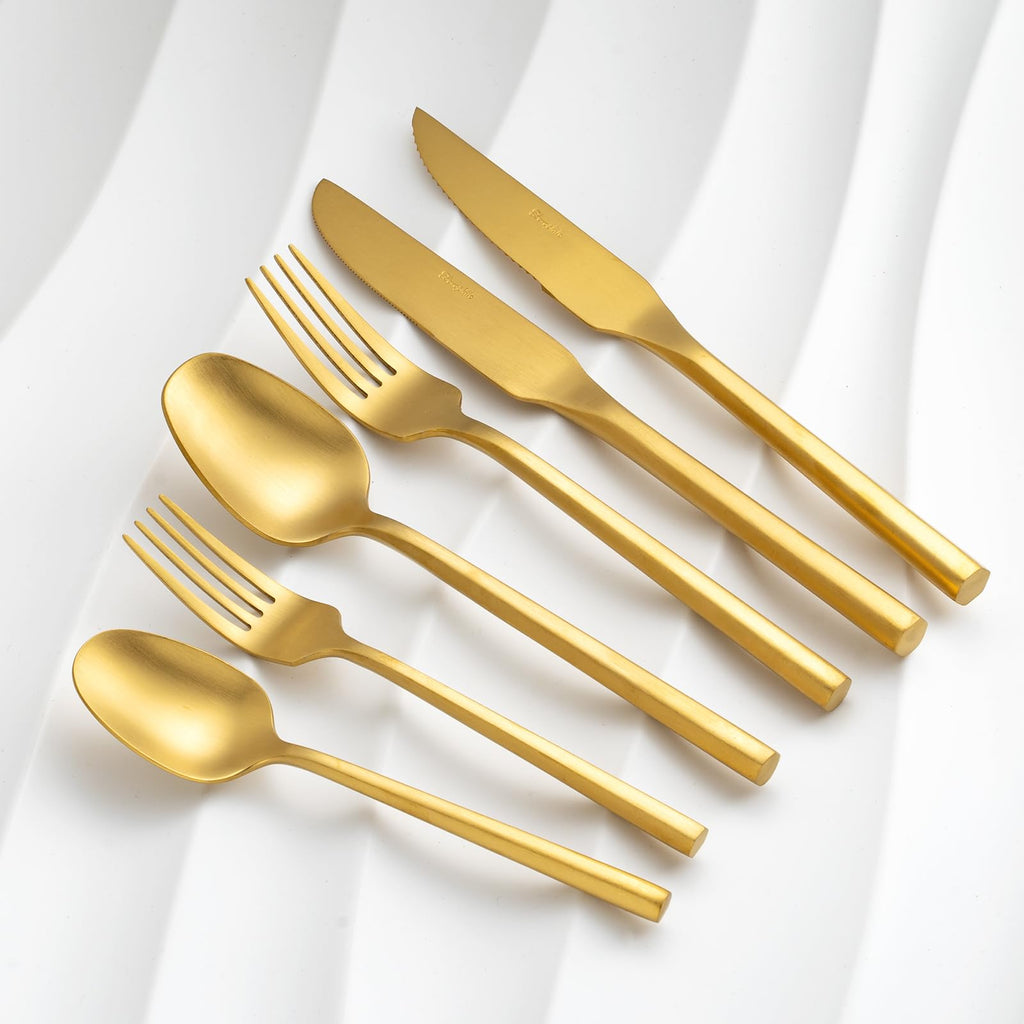 Gold Silverware Set with Steak Knives, Flatware Set with Hexagon Handle 24 Pieces 18/0 Stainless Steel Cutlery Set