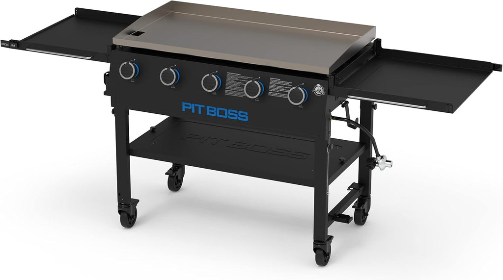 5-Burner Propane Gas Griddle with Folding Side Shelves, Black Outdoor Flat Top BBQ Grill