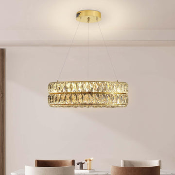 Led 15.7" Gold Ring Crystal Chandelier, Modern Dimmable Chandeliers Lighting and Hanging Adjustable, LED Round Ceiling Light Fixtures for Dining Room Living Room