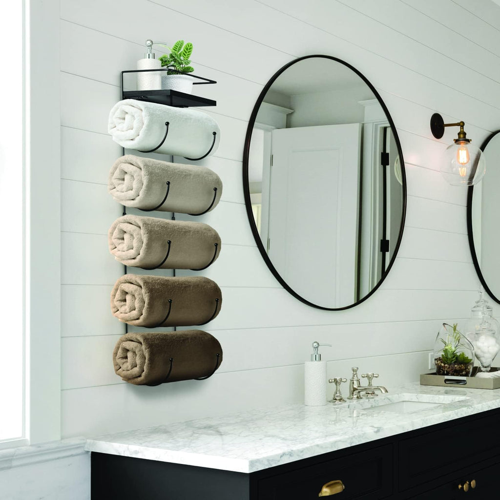 Bathroom Towel Holder - 5 Tier Metal Towel Rack with Wood Shelf for Rolled Bath Towels, Washcloths, Linens, Hand