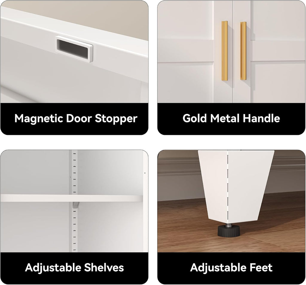 61" Metal Pantry Cabinet with Adjustable Shelves, White Storage Cabinet with Doors and Shelves, Sturdy Freestanding