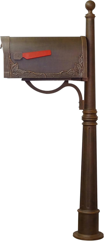 Floral Curbside Mailbox with Ashland Post - Copper Mailbox with Aluminum Post