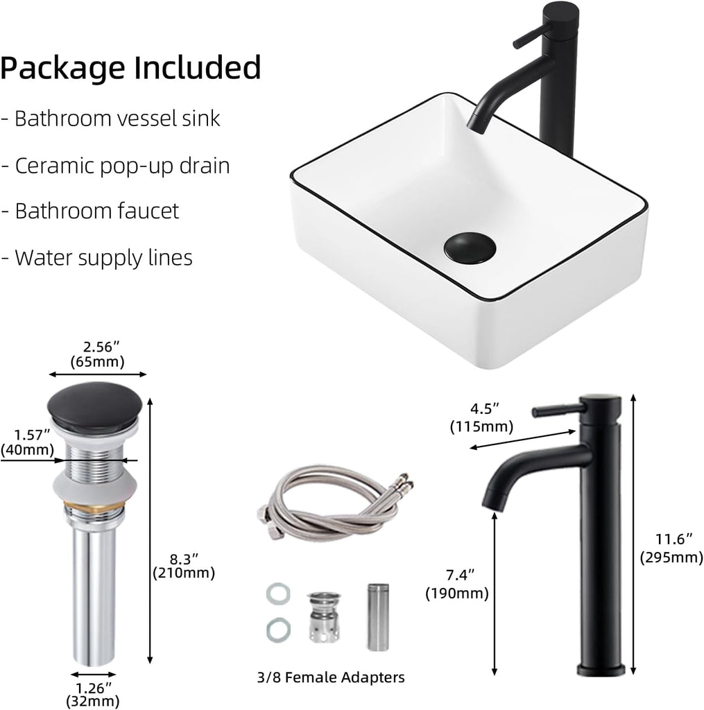 Rectangle Vessel Sink, 16"x12" Above Counter Bathroom Sink Rectangular Small White Ceramic Vessel Sinks for Bathrooms