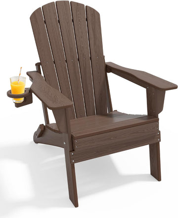 HDPE Folding Adirondack Chair with Cup Holder, Coffee | All-Weather Upgraded, Premium Wood Grain Texture,380lbs