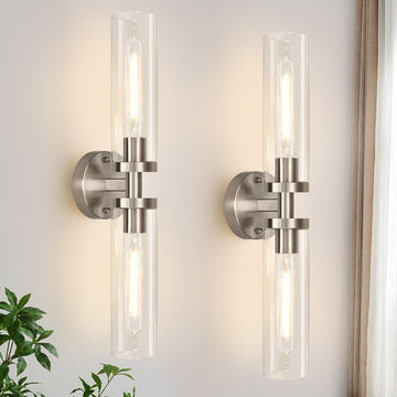 Wall Sconces Set of Two, Hardwired Brushed Nickel Bathroom Sconces Wall Lighting with Clear Glass, Modern Sconces