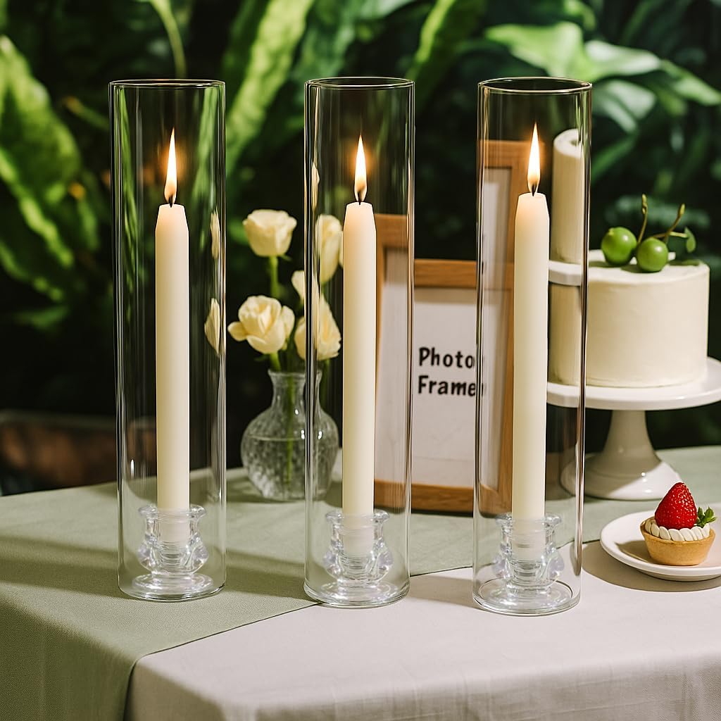 Hurricane Glass Candle Holders, Set of 10 Candlestick Holders for Taper Candle with 11.8" Tall Windproof Cylinder