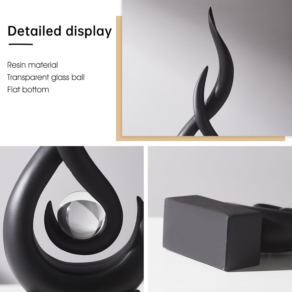 Modern Black Sculpture Decor: Flame Statue with Glass Ball Resin Abstract Art Figurines Unique Centerpiece TV Stand