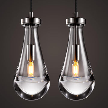 Raindrop Pendant Lights Kitchen Island Teardrop Nickel Hanging Light Fixtures Clear Solid Glass Pendant Light Modern Chandeliers for Dining Room Porch Corridor Living Room(2-Pack)