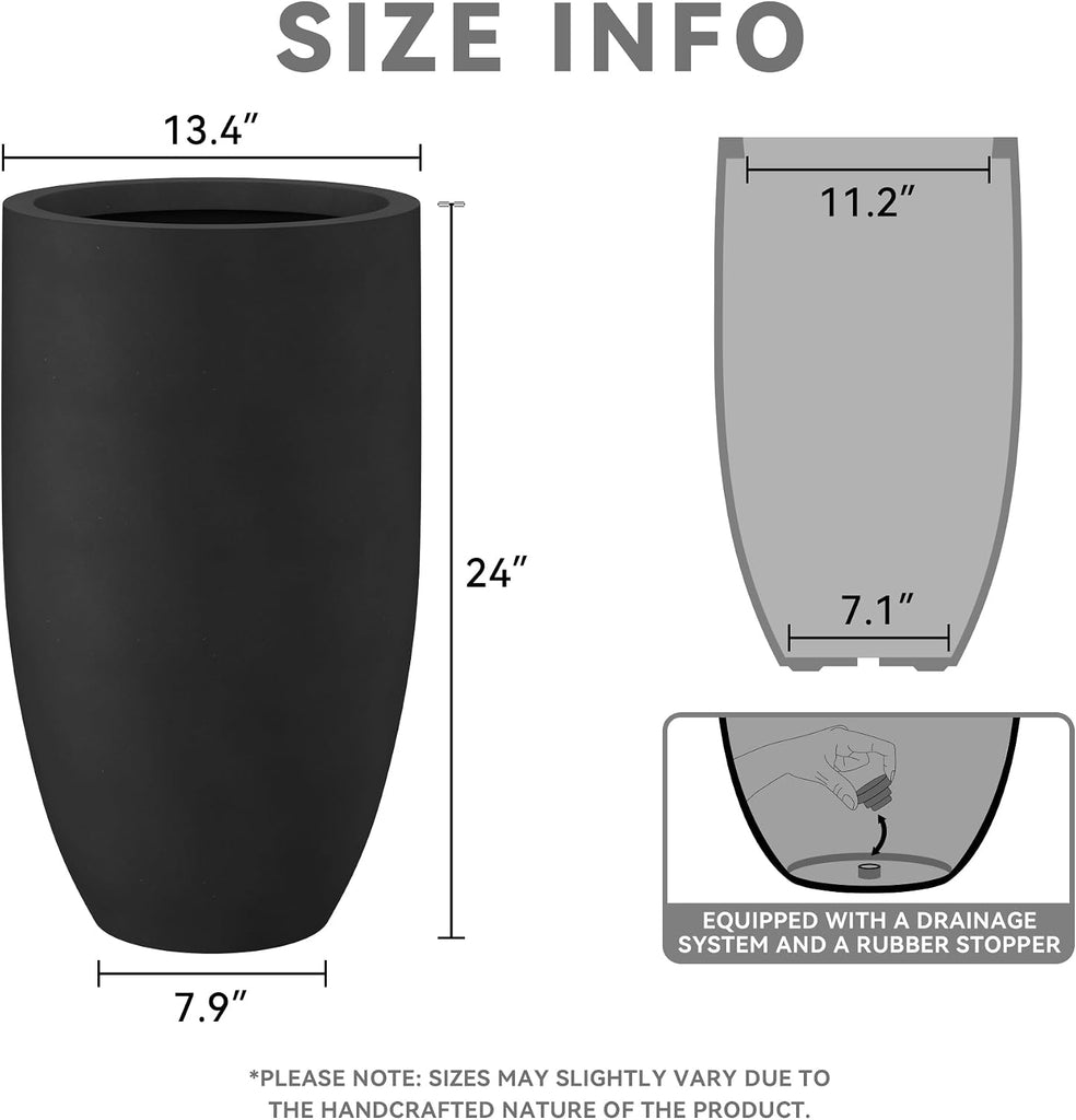 Large Round Tapered Black Concrete Planter 24" Tall, Outdoor | Rubber Plug for Indoor, Drainage for Garden