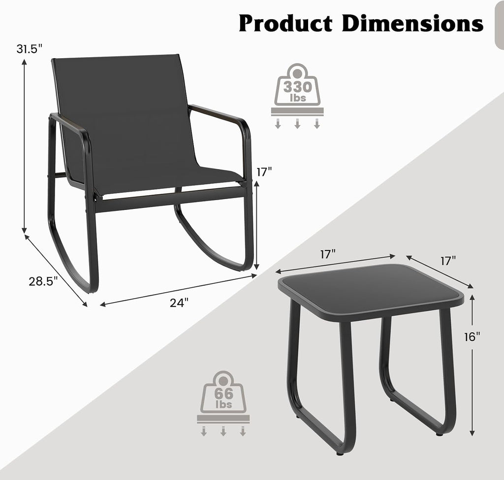 3 Piece Rocking Bistro Set, Patio Furniture Set with 2 Rocking Chairs & Glass-Top Coffee Table, Outdoor Rocker Chair