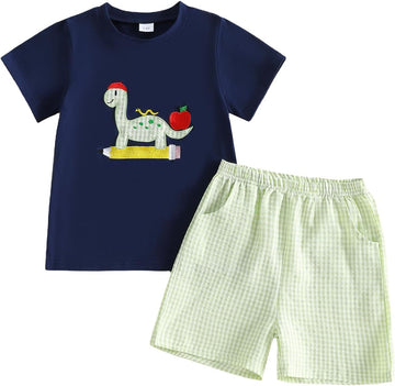 Kids Toddler Boy Back to School Outfit Short Sleeve Embroidery T Shirt Plaid Shorts Set First Day of School Clothes
